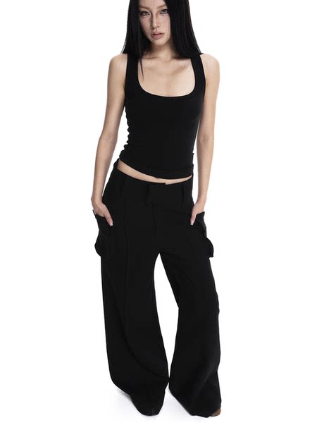 Model wearing a black sleeveless tank top with wide-leg black pants