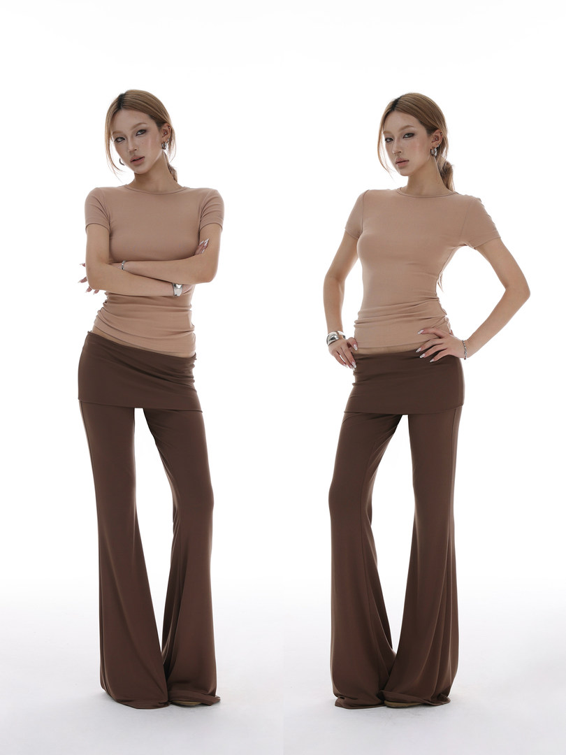 Two models wearing a beige fitted top with brown wide-leg pants