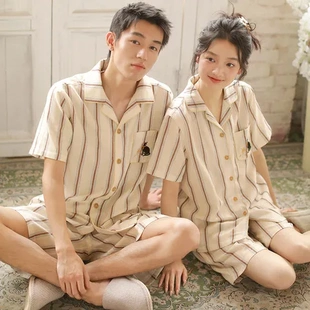 家居服套装 高级感棉纱睡衣纯棉2025情侣简约休闲短袖 新款 短裤