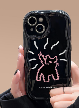 黑色炸毛猫咪手机壳iPhone15苹果14promax适用mate60华为p50新款opporeno7荣耀80vivox90小米13红米note12壳