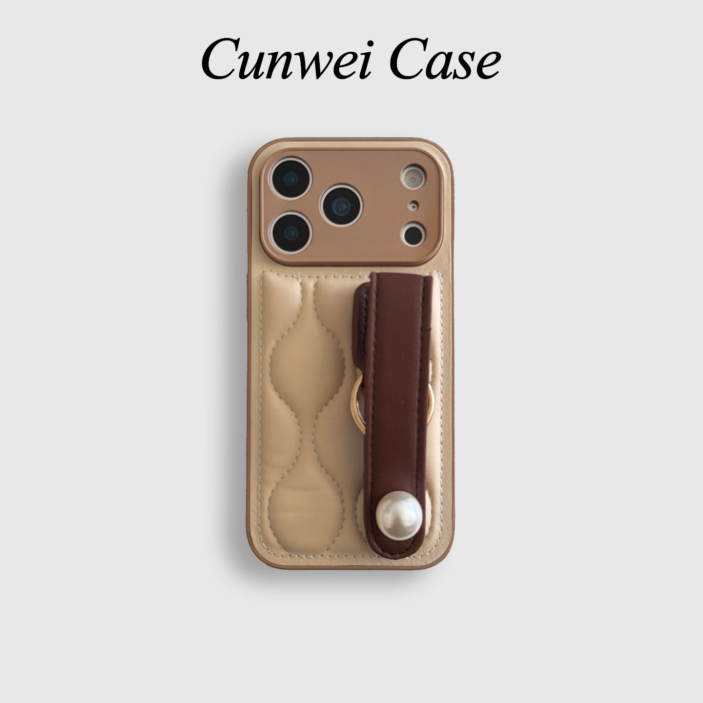 适用iphone17promax手机壳鼓包羽绒卡其色山茶花腕带苹