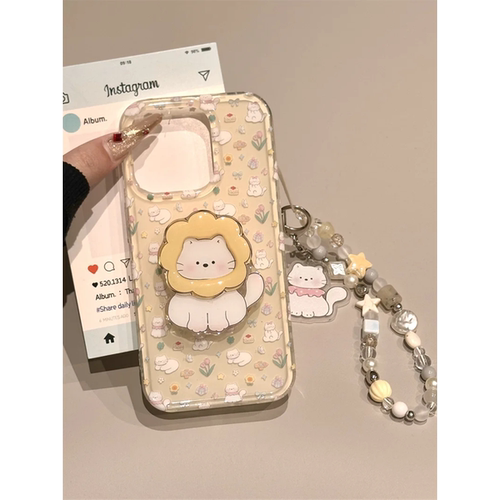 可爱小碎花猫咪适用iphone16pro手机壳苹果17新款15创意支架14pro女款13超火15promax双层防摔保护套链条