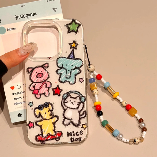 可爱涂鸦卡通动物适用iphone17pro手机壳苹果16新款15创意14pro女款13超火15promax全包防摔保护套链条