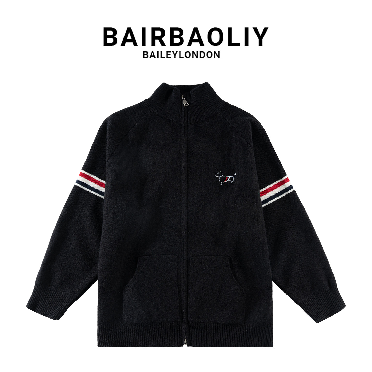 BAIRBAOLIY高级感美式慵懒毛衣刺绣小狗经典袖杠条纹立领针织开衫