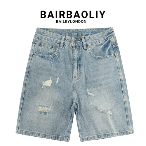 BAIRBAOLIY美式浅蓝做旧破洞牛仔短裤男夏季宽松直筒潮牌五分中裤