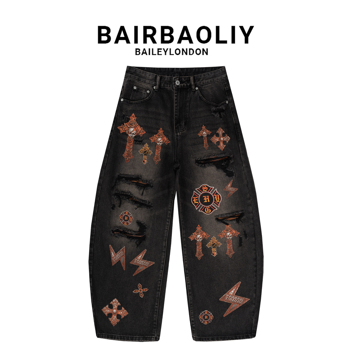 BAIRBAOLIY做旧十字架骷髅印花弯刀牛仔裤男破洞痞帅高街宽松长裤