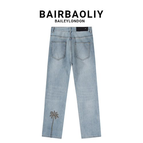 BAIRBAOLIY夏季轻奢椰树刺绣舒适百搭小脚牛仔裤男士修身休闲长裤