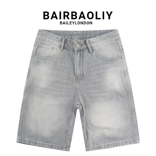 BAIRBAOLIY棉料简约气质灰牛仔短裤复古做旧夏季透气直筒五分中裤