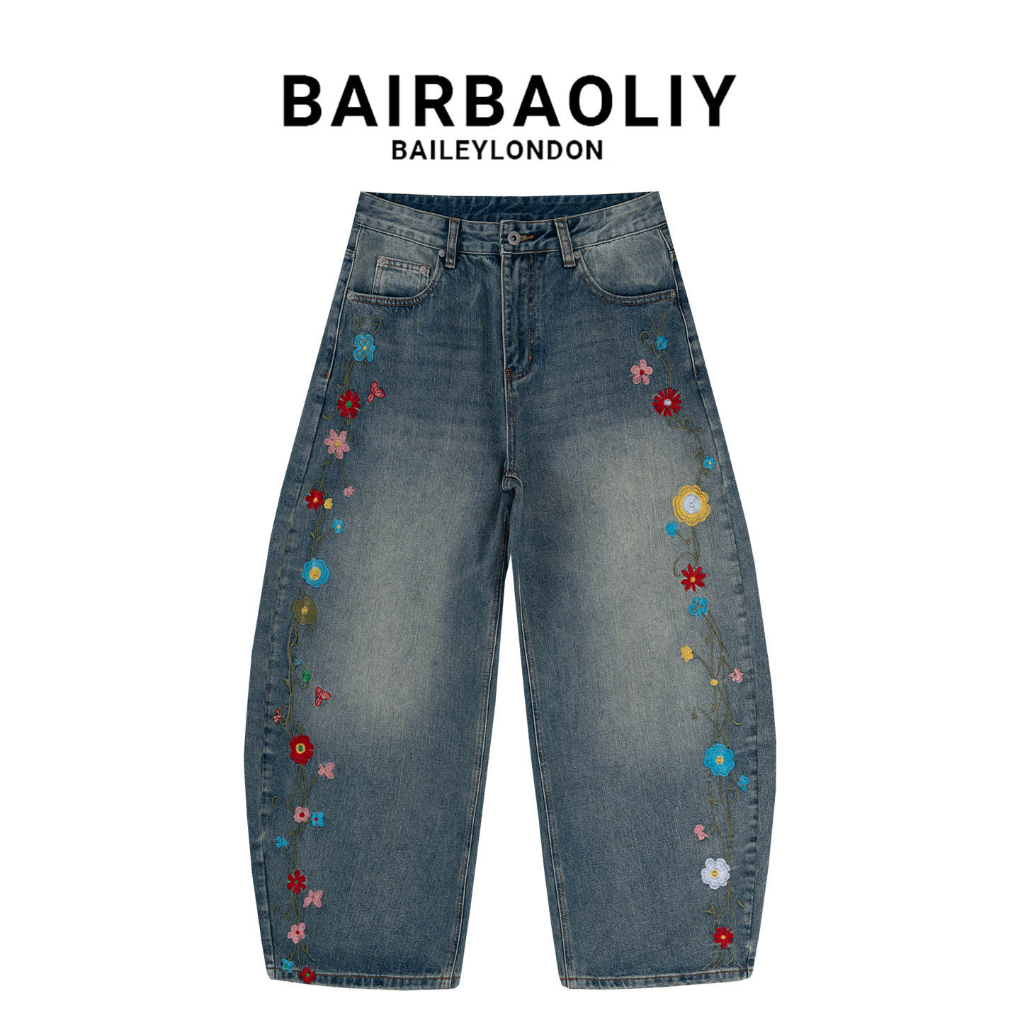 BAIRBAOLIY重工侧边彩色花卉刺绣弯刀裤宽松时尚潮牌男士牛仔长裤