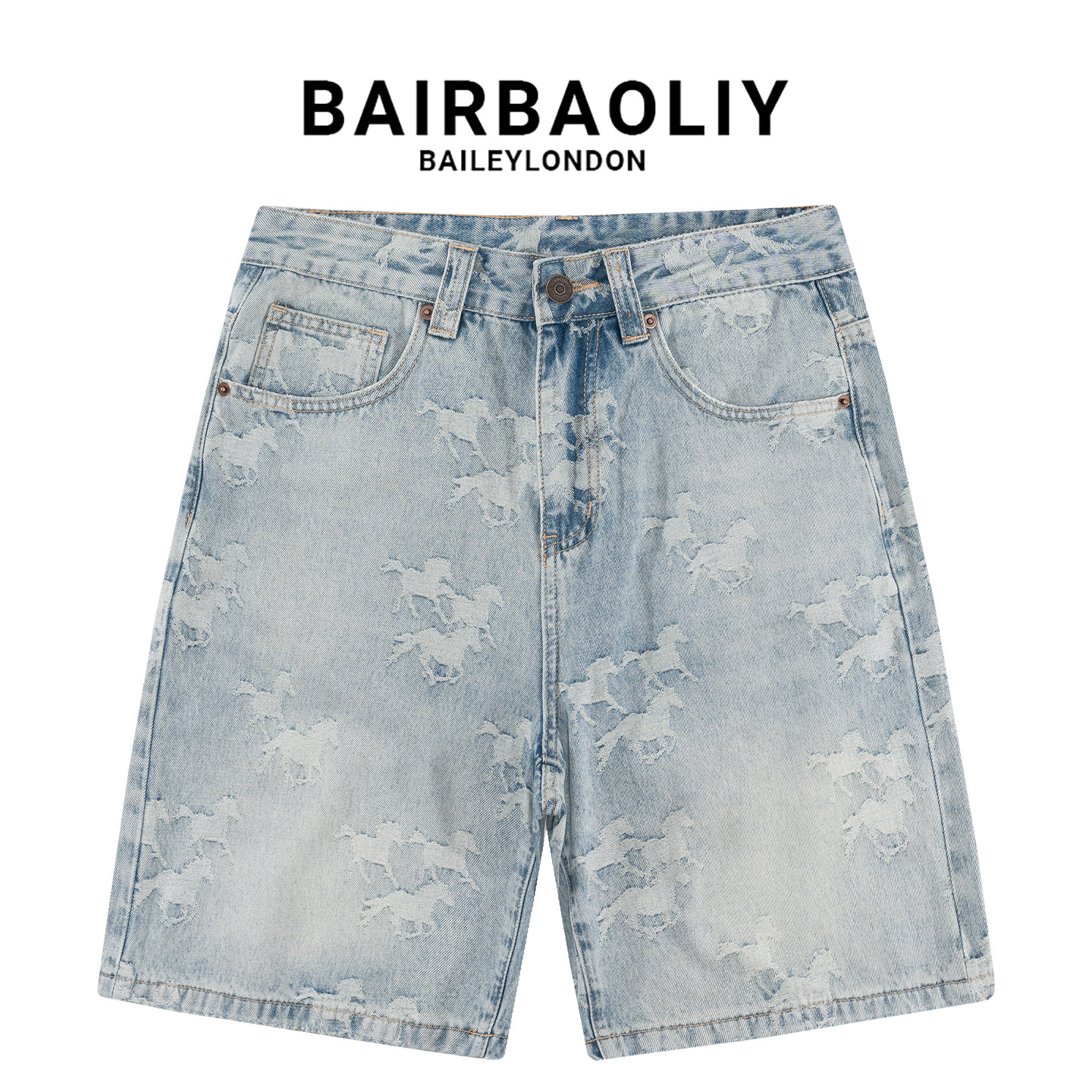BAIRBAOLIY高端潮牌马年提花牛仔短裤男万马奔腾宽松直筒五分中裤