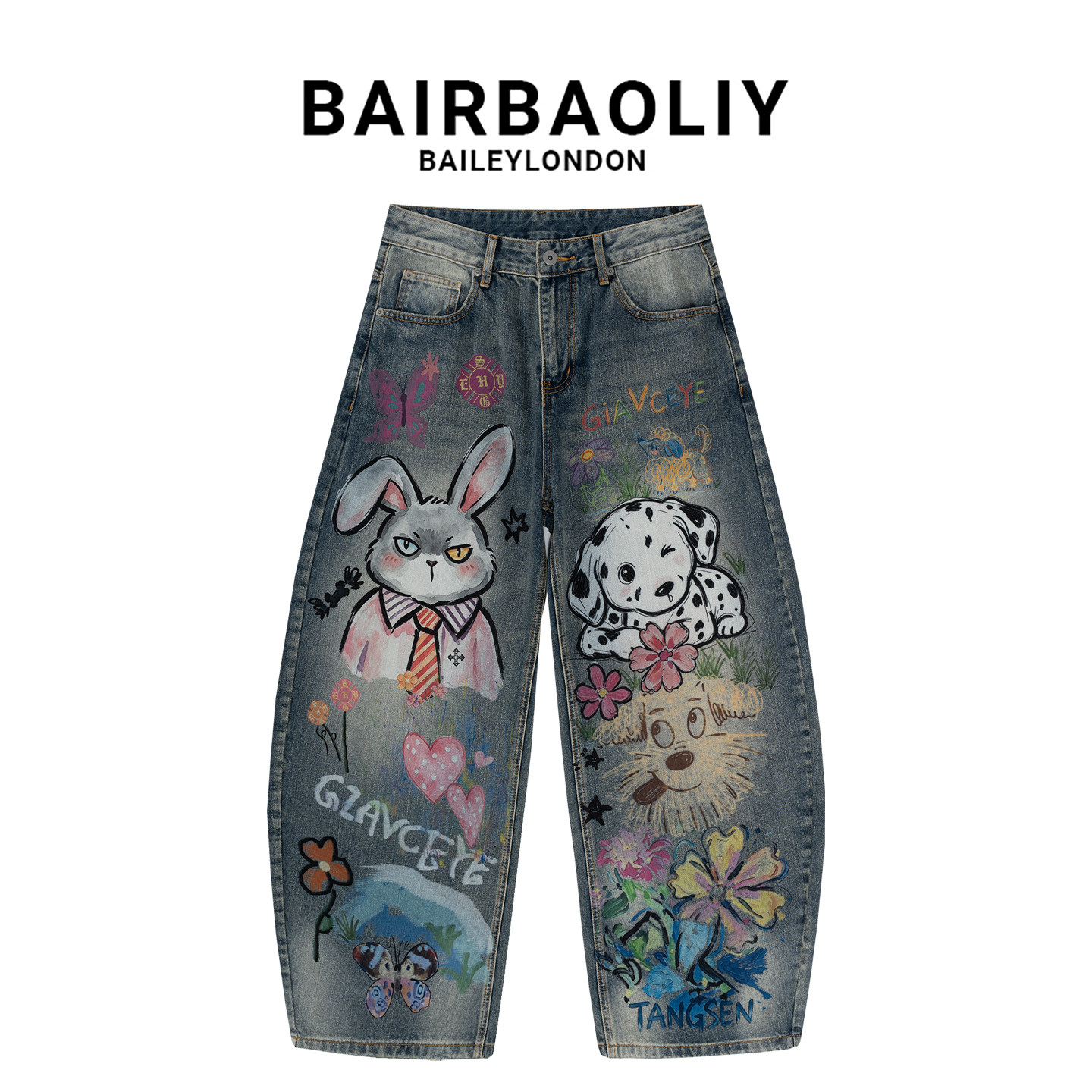BAIRBAOLIY时尚卡通动物涂鸦弯刀牛仔裤男士复古宽松百搭印花长裤