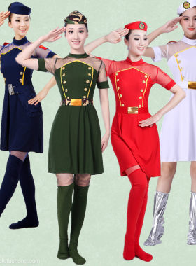 广场舞水兵舞蹈服装纯色氨纶弹力演出服女兵裙打鼓服仪仗队表演服