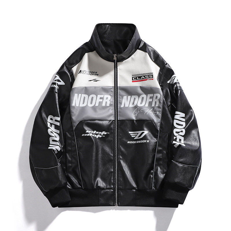 美式复古机车赛车服PU皮夹克立领防风防水皮衣棒球服外套男秋冬季