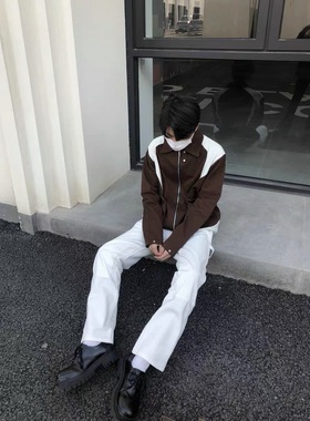 REBELTOREBEL 现货！咖色弯弧棉麻拼接夹克立领通勤中性外套