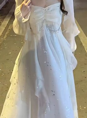 荷叶边不规则吊带连衣裙女温柔长袖雪纺披肩裙两件套 有现货