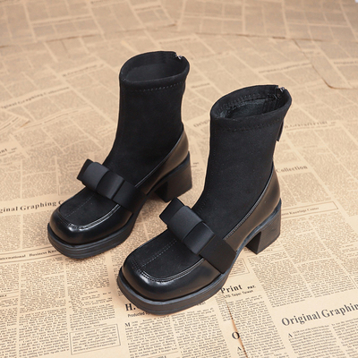 真皮蝴蝶结粗跟仙女风洋气短靴女