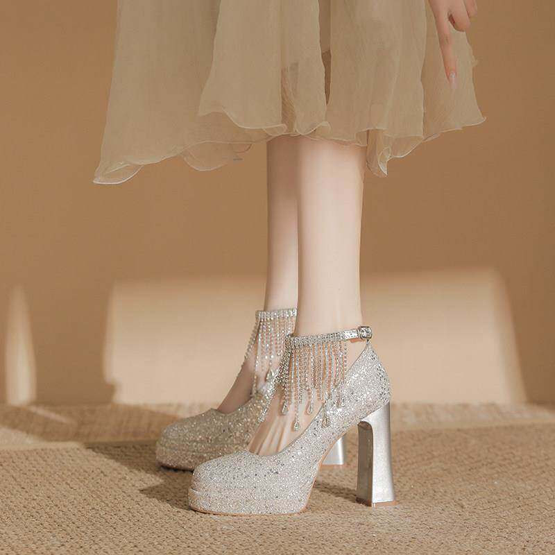 绝美玛丽珍新娘主婚鞋厚底神器防水台粗跟礼服高跟鞋女订婚水晶鞋