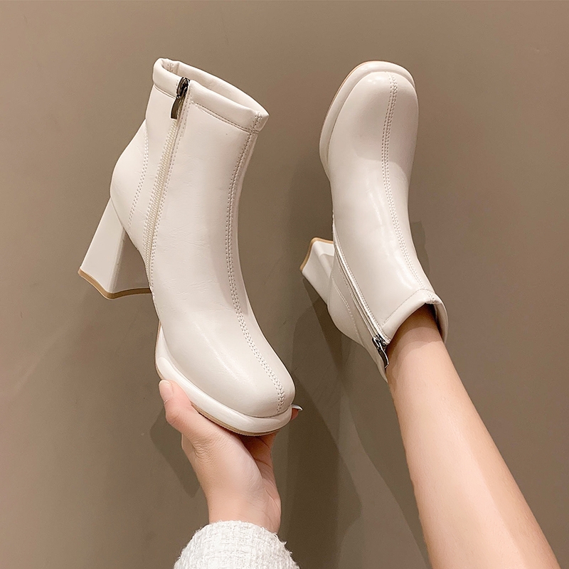 防水台粗跟高跟鞋女单靴2023秋冬季新款真皮百搭加绒时装米色短靴