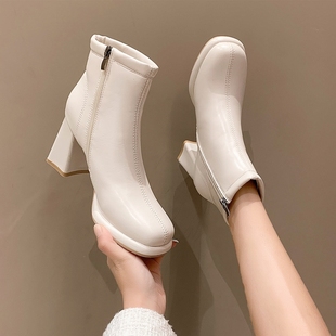 防水台粗跟高跟鞋女单靴2023秋冬季新款真皮百搭加绒时装米色短靴