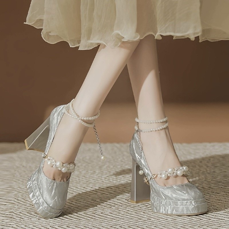 伴娘鞋新娘婚鞋银色名媛气质高跟鞋厚底防水台珍珠一字带粗跟单鞋,女鞋,婚鞋,淘宝优惠券,粉丝福利购,淘宝优惠卷