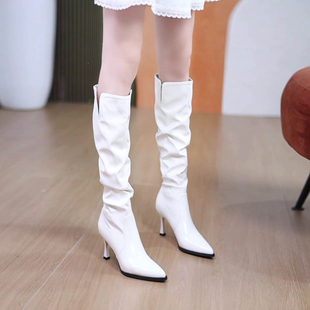 欧美骑士靴女尖头堆堆靴子秋冬季新款不过膝白色长筒靴细跟高跟鞋