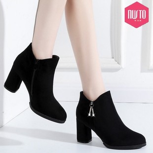 法式粗跟短靴女2023秋新款春大东百搭磨砂真皮女鞋中跟高跟马丁靴