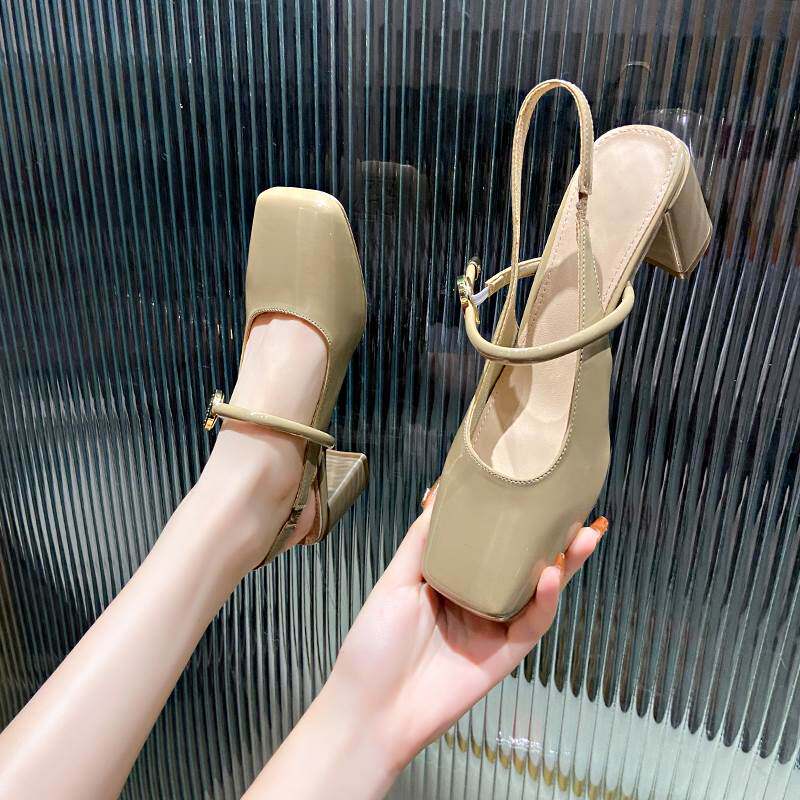 韩版百搭方头后空一字带凉鞋女2025年夏季新款粗跟单鞋5cm高跟鞋