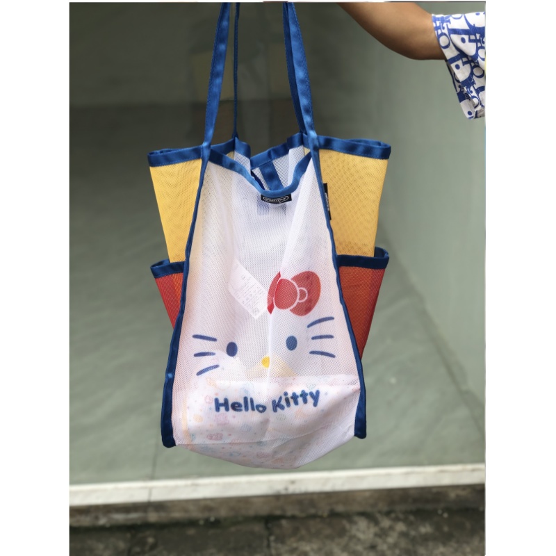 日系新款猫咪网纱手提包卡通可爱撞色单肩大容量折叠购物袋沙滩包