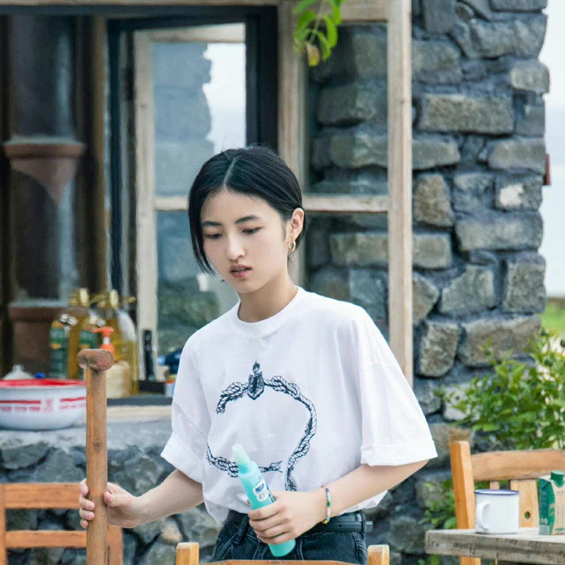 向往的生活6张子枫同款衣服白色短袖女绳子宽松韩版上衣百搭t恤夏