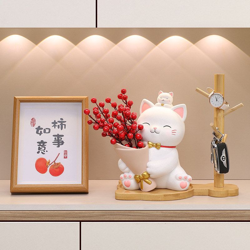 办工桌樱花新款摆件收纳玄关猫捧花客厅卧室摆件创意可爱装饰