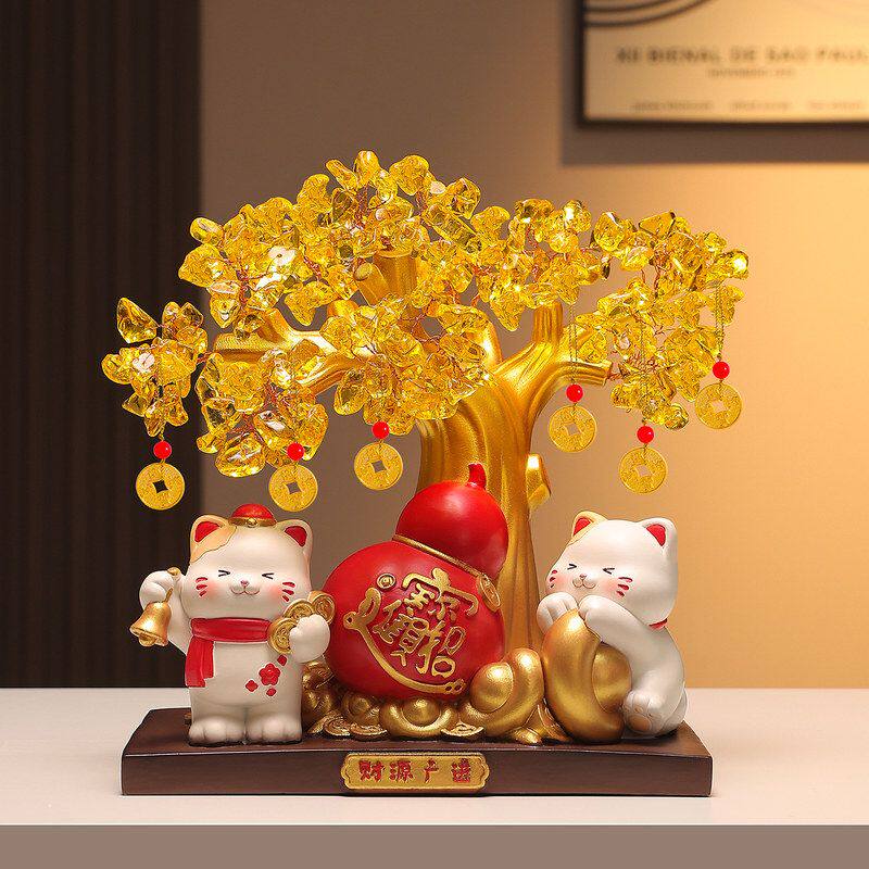 水晶招财猫发财树玄关乔迁礼品客厅摆件好物招财新居装饰家居创意