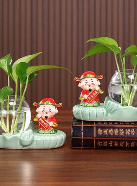 新中式小财神玻璃花瓶水培绿萝摆件客厅创意透明器皿装饰品小花瓶