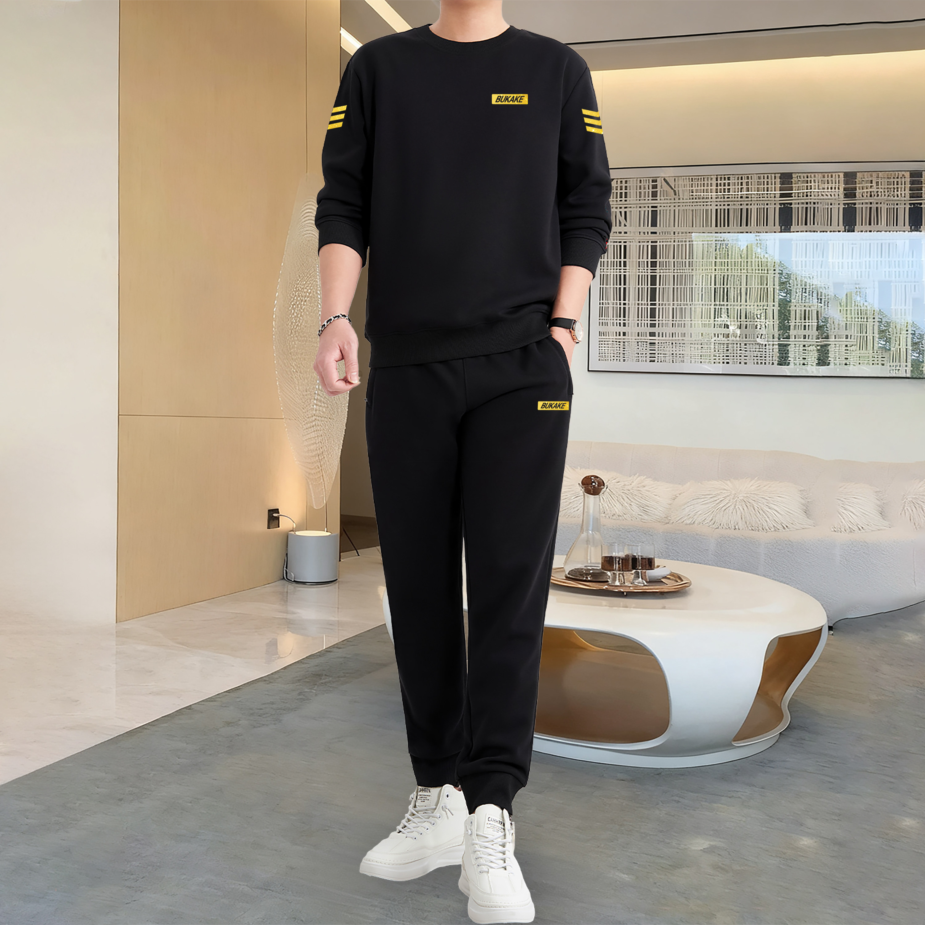 男士运动套装2025新款秋冬季青年时尚休闲服加绒卫衣束脚裤两件套