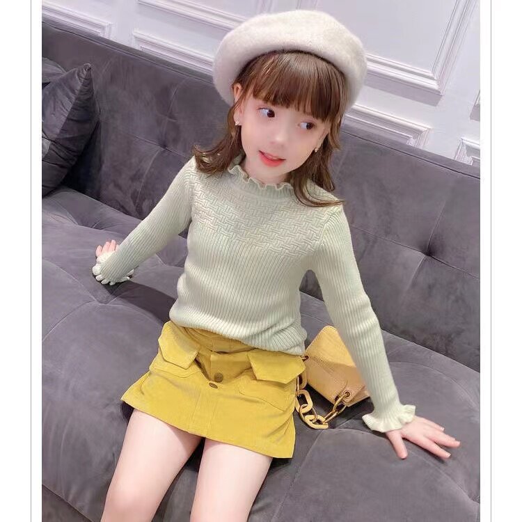 女童毛衣木耳边秋冬加绒加厚坑条打底衣小女孩半高领保暖针织上衣