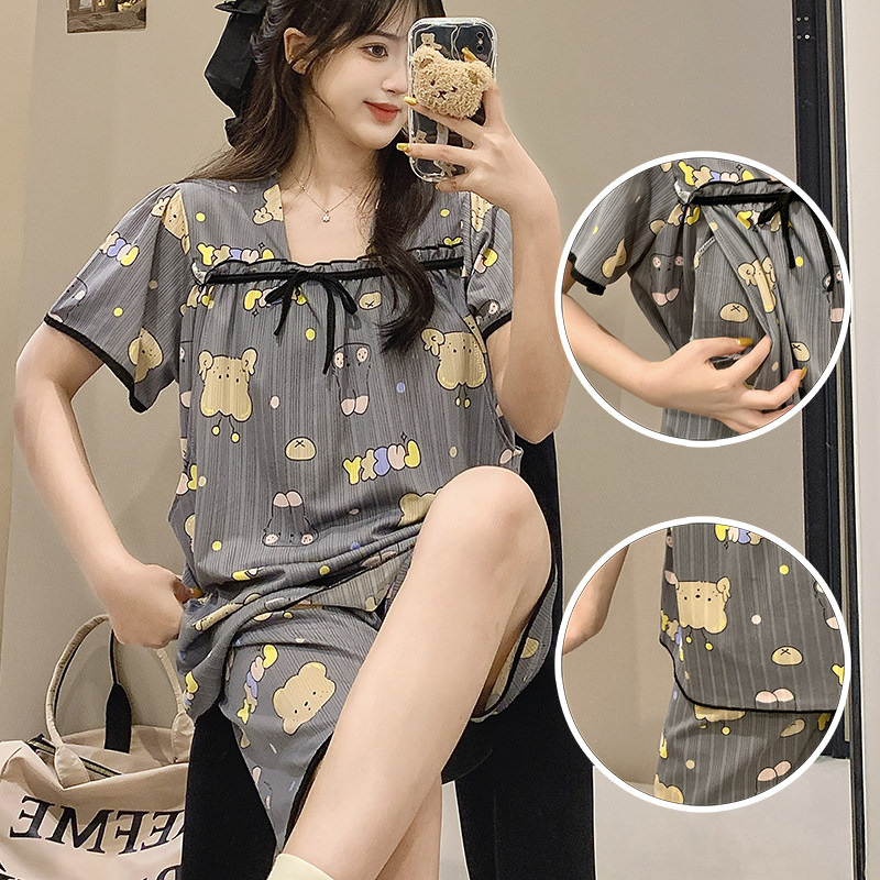 夏季薄款带胸垫短袖哺乳期母乳喂奶睡衣月子服孕妇家居服套装外出