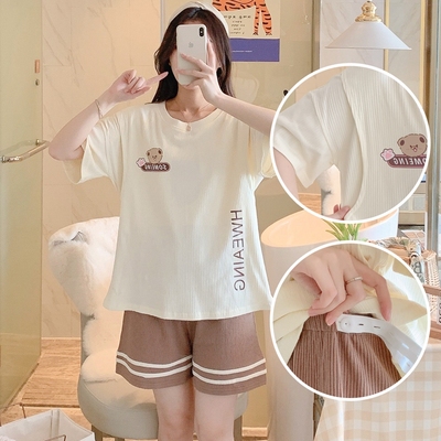哺乳睡衣短袖纯棉孕妇月子服套装