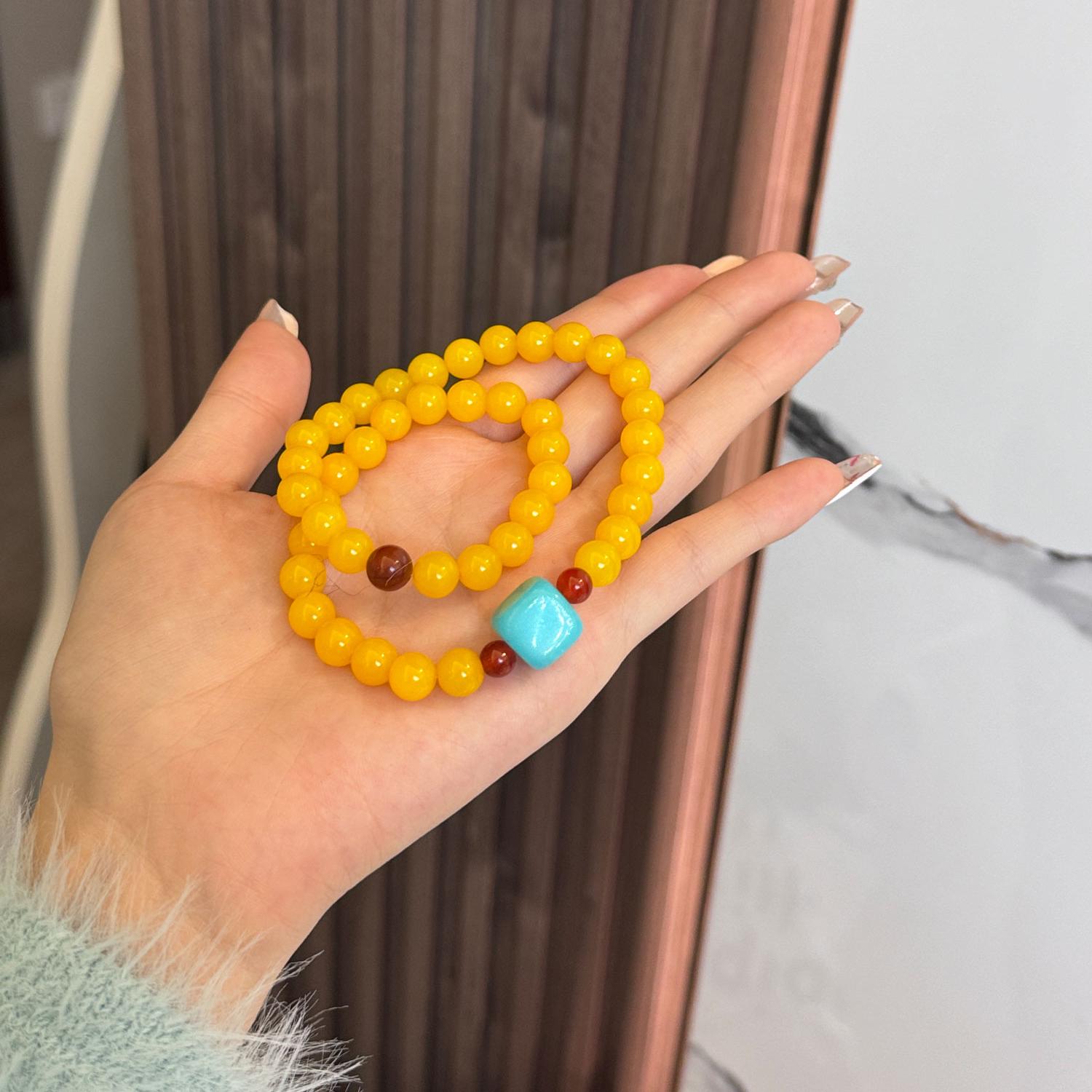 hucares自制「拿坡里黄」黄玛瑙天河石手串招财串珠好运手链双圈