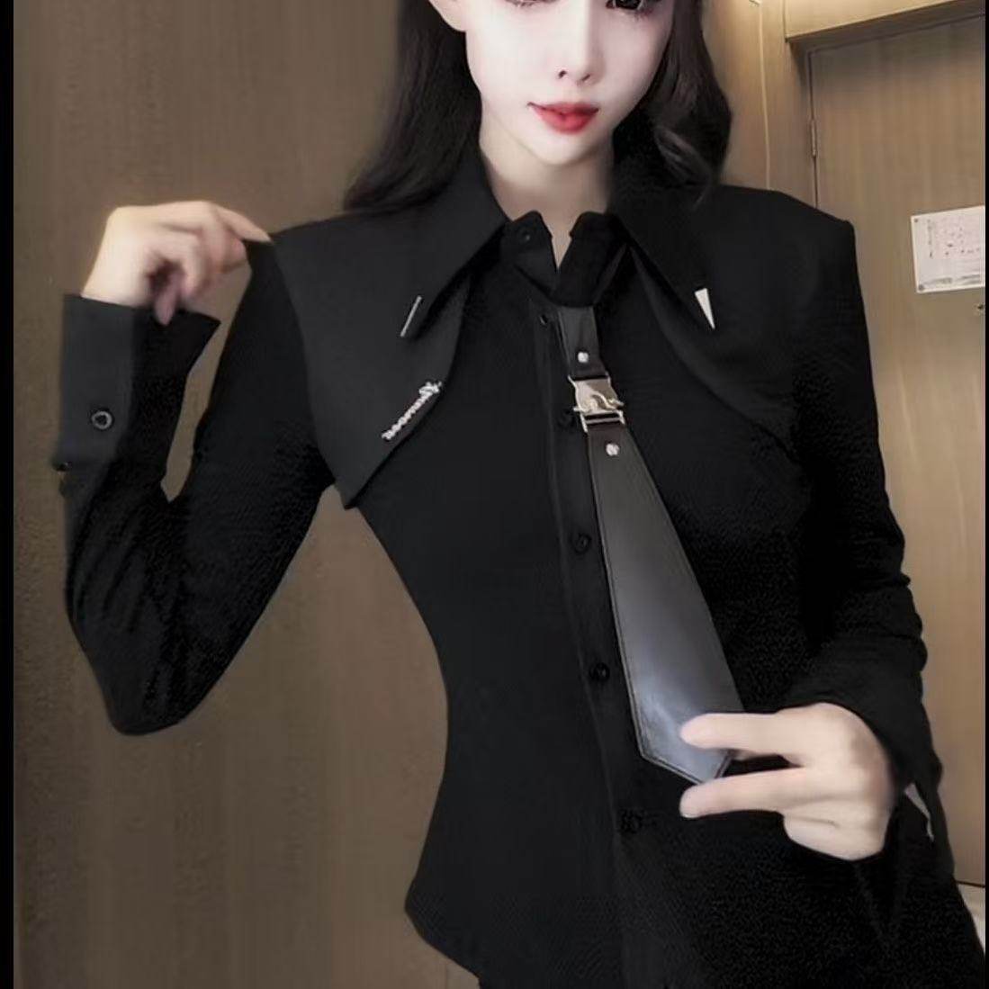 欧洲站2025假两件喇叭袖衬衫女春秋欧货撞色衬衣拼接收腰显瘦上衣