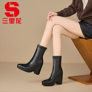 【PU】11cm经典时尚复古粗跟高跟气质短靴配裙子百搭舒适增高短靴