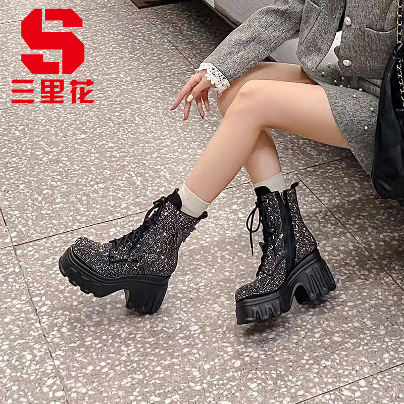 【烫钻超纤】10cm厚底松糕鞋高跟短靴水晶女鞋时尚内增高马丁女靴