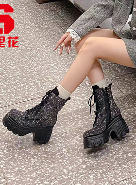 水晶女鞋时尚内增高马丁靴