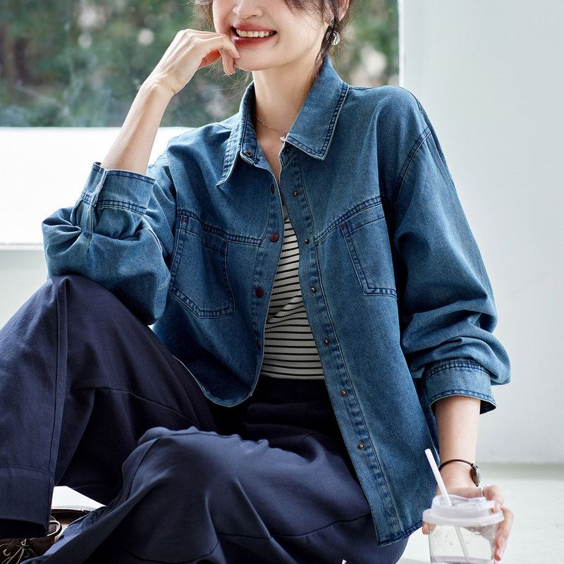 复古水洗牛仔衬衫女长袖2026春秋新款宽松翻领百搭休闲衬衣外套