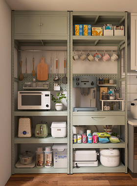 灰绿色厨房餐边柜落地多层家用橱柜置物架靠墙一体钢制储物收纳柜