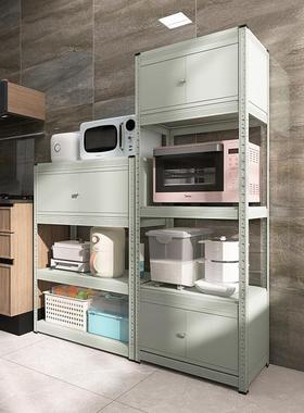 峰阳灰绿色厨房置物架带门落地式多层收纳柜微波炉烤箱架子柜子m1