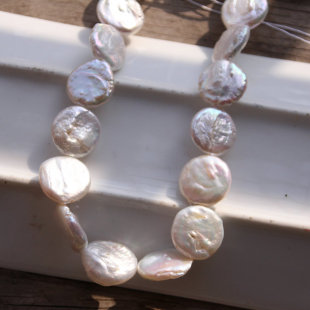 天然巴洛克异形珍珠圆饼散珠14-16mm白色通孔圆片手链项链diy配件