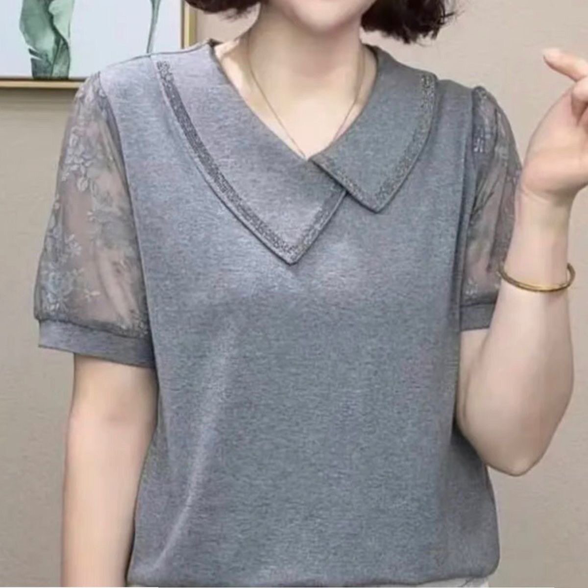 夏装新款夏季娃娃领蕾丝镂空烫钻短袖T恤时尚宽松减龄遮肉妈妈装