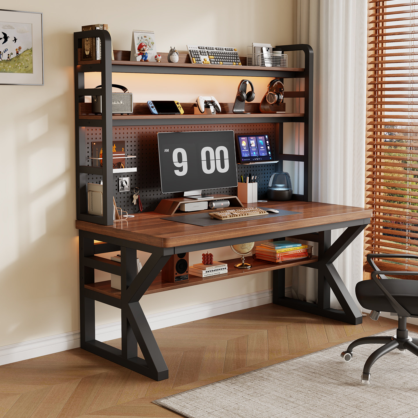 书桌书架一体办公桌带洞洞板卧室电竞桌学生家用实木台式电脑桌子