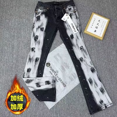 美式泼墨PU秋冬加绒牛仔裤
