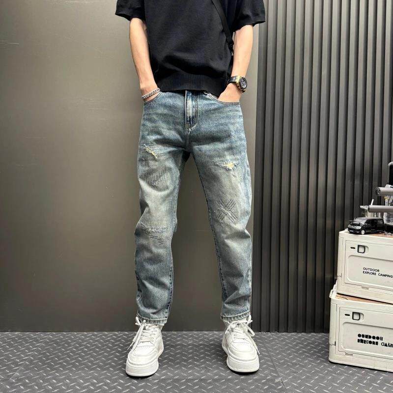 牛仔裤爆款夏秋新款水洗修身休闲裤子复古破洞贴布长裤直筒薄款