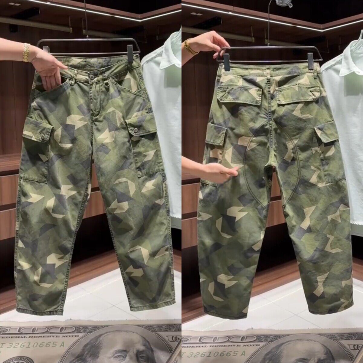 夏秋款复古微椎迷彩工装裤男时尚潮流大口袋美式宽松休闲直筒长裤